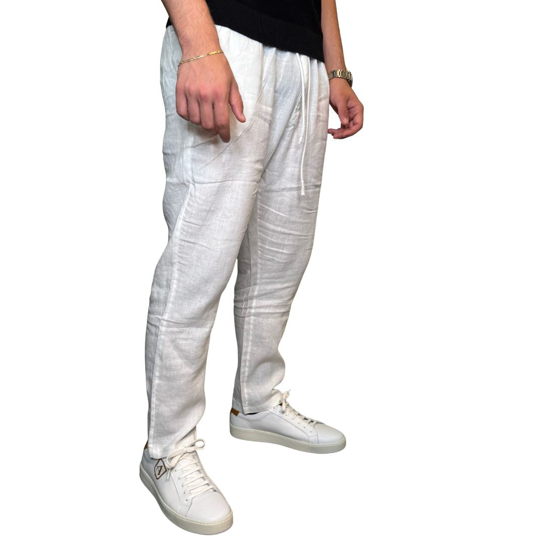 Pantaloni uomo 100% lino tinta unita, vita elasticizzata Made in Italy