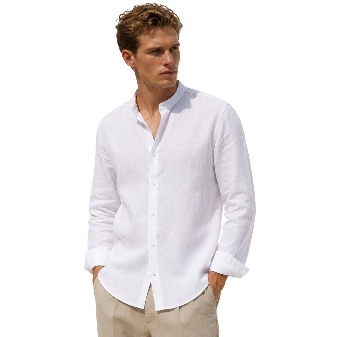 Camicia uomo di lino, collo alla coreana regular fit, tinta unita Made in Italy
