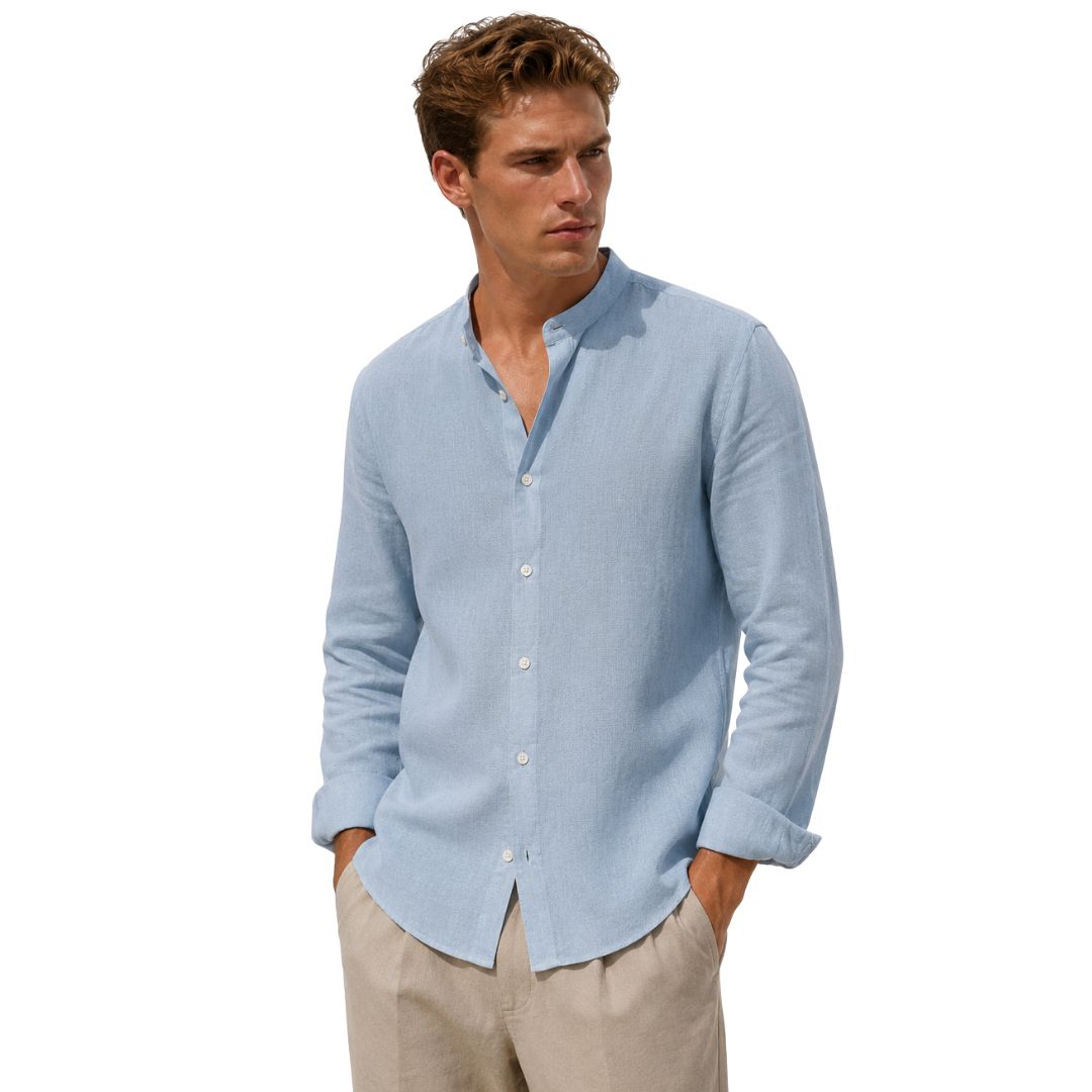 Camicia uomo di lino, collo alla coreana regular fit, tinta unita Made in Italy