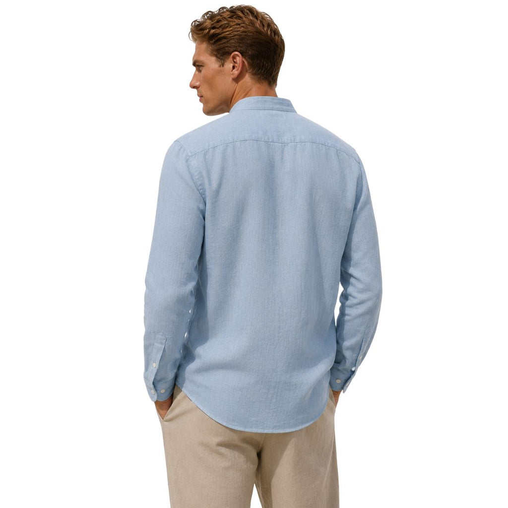 Camicia uomo di lino, collo alla coreana regular fit, tinta unita Made in Italy