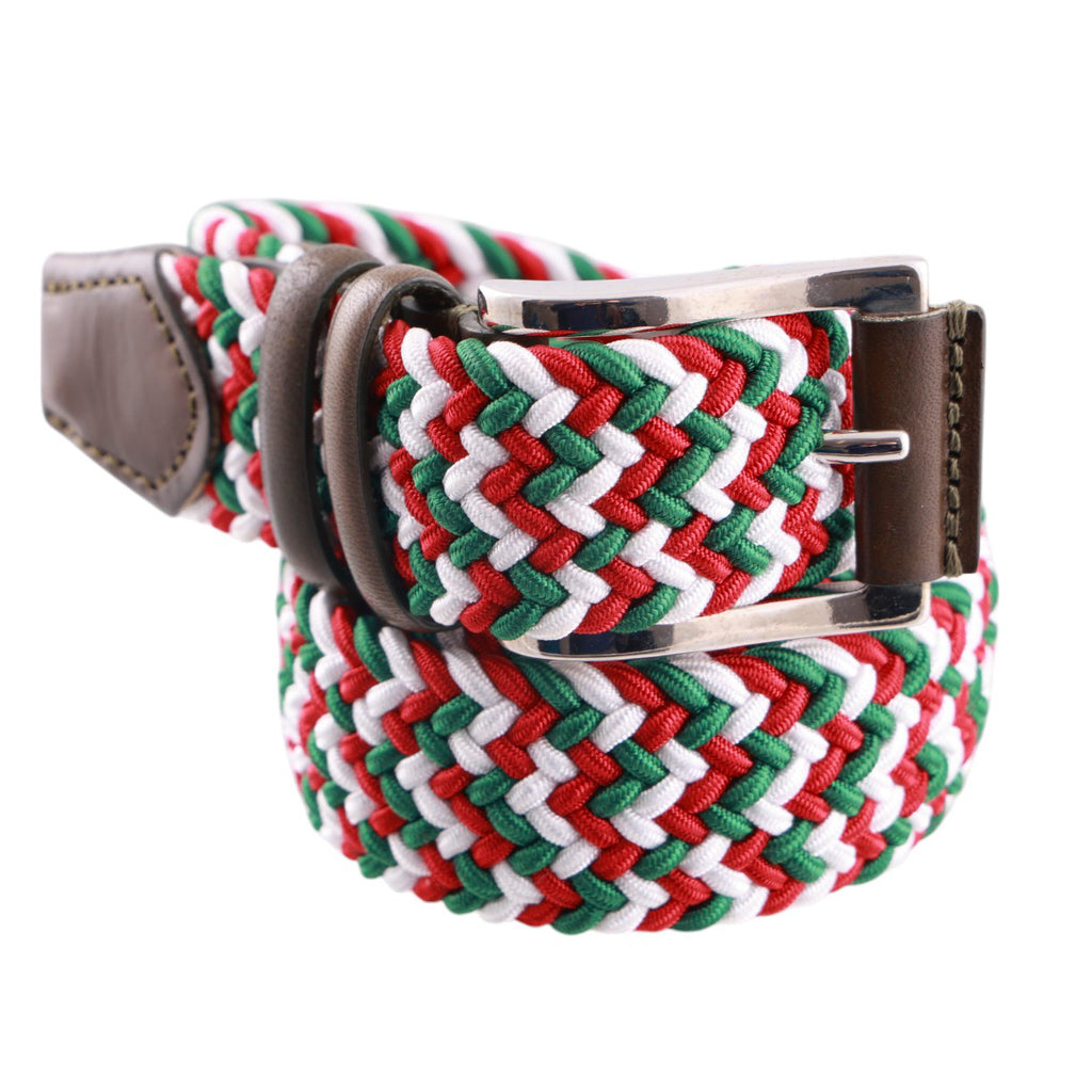 Cintura intrecciata, verde, rosso, bianco.