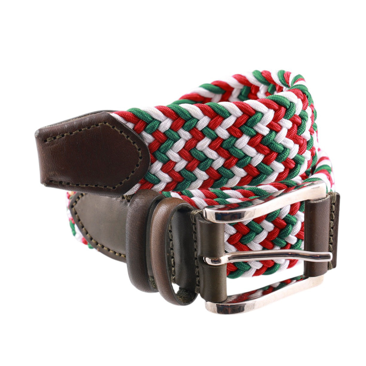 Cintura intrecciata, verde, rosso, bianco.